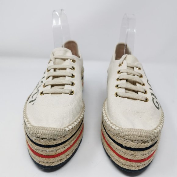 Gucci Canvas Logo Lace-up Wedge Espadrille Platform Shoes - Picture 4 of 13